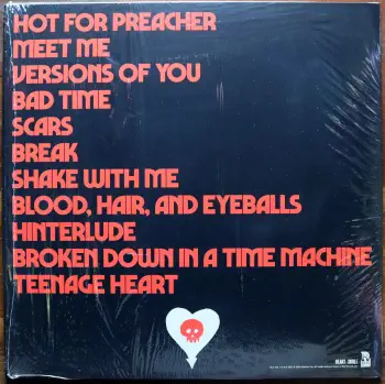 <u>PRESSING INFO</u><br><table class=inf_press><tbody><tr class=inf_info><td class=inf_title>Album:</td><td class=inf_info> Blood, Hair, And Eyeballs on 180g Black  </td></tr>
    <td class=inf_title>Pressing:</td><td> First Pressing /3575  </td></tr>
    <td class=inf_title>Release Date:</td><td> Jan. 26th 2024  </td></tr>
    <td class=inf_title>Album Pressed:</td><td> 2024  </td></tr>
    <td class=inf_title>Label:</td><td> Rise Records 536-1  </td></tr>
    <td class=inf_title>Insert:</td><td> Double Sided Glossy  </td></tr>
    <td class=inf_title>Barcode:</td><td> 4 099954-000146  </td></tr>
    <td class=inf_title>Side A Matrix:</td><td> 1D-102761 / RISE536-1-A 273896E1/A  </td></tr>
    <td class=inf_title>Side B Matrix:</td><td> 10-102761 / RISE536-1-B 273896E2/A  </td></tr>
    <td class=inf_title>&nbsp;</td><td> <a href=https://www.discogs.com/release/29606347 target=_blank rel=noopener noreferrer>View This Release on Discogs</a>  </tr></tbody></table>
<br><u>PRICING</u><span class='less' style='padding-left: 8px; color: var(--font-colour_grey);'>(prices shown in USD)</span><br><table class='inf_press'><tbody><tr class='inf_info'>
            <td class='inf_title'>Last Sold:</td>
            <td><span title='Sold for €24.50'>$27.90</span> (Mar 2, 2026)</td>
            </tr><tr class='inf_info'>
            <td class='inf_title'>History:</td>
            <td>
                <span class='price-low' title='£10.00 · Sold on Oct 30, 2025'>Low: <span class='price-value'>$13.32</span></span>
                <span class='price-separator'>|</span>
                <span class='price-avg'>Avg: <span class='price-value'>$24.49</span></span>
                <span class='price-separator'>|</span>
                <span class='price-high' title='€30.90 · Sold on Nov 25, 2025'>High: <span class='price-value'>$35.19</span></span>
            </td>
            </tr></tbody></table><br>    <br><br><u>TRACKLIST</u><br><table class='inf_tracks'><tbody><tr>
            <td class='inf_num'>A1</td>
            <td class='inf_trk'>Hot For Preacher</td>
            <td class='inf_len'>3:46</td>
            <td><a href='#' class='lyric-link' data-album-code='bhe' data-song-title='Hot For Preacher'>Lyrics</a></td></tr><tr>
            <td class='inf_num'>A2</td>
            <td class='inf_trk'>Meet Me</td>
            <td class='inf_len'>3:54</td>
            <td><a href='#' class='lyric-link' data-album-code='bhe' data-song-title='Meet Me'>Lyrics</a></td></tr><tr>
            <td class='inf_num'>A3</td>
            <td class='inf_trk'>Versions Of You</td>
            <td class='inf_len'>3:14</td>
            <td><a href='#' class='lyric-link' data-album-code='bhe' data-song-title='Versions Of You'>Lyrics</a></td></tr><tr>
            <td class='inf_num'>A4</td>
            <td class='inf_trk'>Bad Time</td>
            <td class='inf_len'>2:55</td>
            <td><a href='#' class='lyric-link' data-album-code='bhe' data-song-title='Bad Time'>Lyrics</a></td></tr><tr>
            <td class='inf_num'>A5</td>
            <td class='inf_trk'>Scars</td>
            <td class='inf_len'>3:28</td>
            <td><a href='#' class='lyric-link' data-album-code='bhe' data-song-title='Scars'>Lyrics</a></td></tr><tr>
            <td class='inf_num'>A6</td>
            <td class='inf_trk'>Break</td>
            <td class='inf_len'>3:24</td>
            <td><a href='#' class='lyric-link' data-album-code='bhe' data-song-title='Break'>Lyrics</a></td></tr><tr>
            <td class='inf_num'>B1</td>
            <td class='inf_trk'>Shake With Me</td>
            <td class='inf_len'>3:59</td>
            <td><a href='#' class='lyric-link' data-album-code='bhe' data-song-title='Shake With Me'>Lyrics</a></td></tr><tr>
            <td class='inf_num'>B2</td>
            <td class='inf_trk'>Blood, Hair, And Eyeballs</td>
            <td class='inf_len'>3:01</td>
            <td><a href='#' class='lyric-link' data-album-code='bhe' data-song-title='Blood, Hair, And Eyeballs'>Lyrics</a></td></tr><tr>
            <td class='inf_num'>B3</td>
            <td class='inf_trk'>Hinterlude</td>
            <td class='inf_len'>1:05</td>
            <td><a href='#' class='lyric-link' data-album-code='bhe' data-song-title='Hinterlude'>Lyrics</a></td></tr><tr>
            <td class='inf_num'>B4</td>
            <td class='inf_trk'>Broken Down In A Time Machine</td>
            <td class='inf_len'>3:03</td>
            <td><a href='#' class='lyric-link' data-album-code='bhe' data-song-title='Broken Down In A Time Machine'>Lyrics</a></td></tr><tr>
            <td class='inf_num'>B5</td>
            <td class='inf_trk'>Teenage Heart</td>
            <td class='inf_len'>4:04</td>
            <td><a href='#' class='lyric-link' data-album-code='bhe' data-song-title='Teenage Heart'>Lyrics</a></td></tr></tbody></table><br><br>
    <u>NOTES</u><br> Catalog number for this variant is 536-1
 - Back