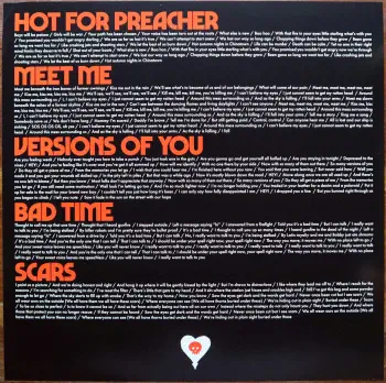 <u>PRESSING INFO</u><br><table class=inf_press><tbody><tr class=inf_info><td class=inf_title>Album:</td><td class=inf_info> Blood, Hair, And Eyeballs on 180g Black  </td></tr>
    <td class=inf_title>Pressing:</td><td> First Pressing /3575  </td></tr>
    <td class=inf_title>Release Date:</td><td> Jan. 26th 2024  </td></tr>
    <td class=inf_title>Album Pressed:</td><td> 2024  </td></tr>
    <td class=inf_title>Label:</td><td> Rise Records 536-1  </td></tr>
    <td class=inf_title>Insert:</td><td> Double Sided Glossy  </td></tr>
    <td class=inf_title>Barcode:</td><td> 4 099954-000146  </td></tr>
    <td class=inf_title>Side A Matrix:</td><td> 1D-102761 / RISE536-1-A 273896E1/A  </td></tr>
    <td class=inf_title>Side B Matrix:</td><td> 10-102761 / RISE536-1-B 273896E2/A  </td></tr>
    <td class=inf_title>&nbsp;</td><td> <a href=https://www.discogs.com/release/29606347 target=_blank rel=noopener noreferrer>View This Release on Discogs</a>  </tr></tbody></table>
<br><u>PRICING</u><span class='less' style='padding-left: 8px; color: var(--font-colour_grey);'>(prices shown in USD)</span><br><table class='inf_press'><tbody><tr class='inf_info'>
            <td class='inf_title'>Last Sold:</td>
            <td><span title='Sold for €24.50'>$27.90</span> (Mar 2, 2026)</td>
            </tr><tr class='inf_info'>
            <td class='inf_title'>History:</td>
            <td>
                <span class='price-low' title='£10.00 · Sold on Oct 30, 2025'>Low: <span class='price-value'>$13.32</span></span>
                <span class='price-separator'>|</span>
                <span class='price-avg'>Avg: <span class='price-value'>$24.49</span></span>
                <span class='price-separator'>|</span>
                <span class='price-high' title='€30.90 · Sold on Nov 25, 2025'>High: <span class='price-value'>$35.19</span></span>
            </td>
            </tr></tbody></table><br>    <br><br><u>TRACKLIST</u><br><table class='inf_tracks'><tbody><tr>
            <td class='inf_num'>A1</td>
            <td class='inf_trk'>Hot For Preacher</td>
            <td class='inf_len'>3:46</td>
            <td><a href='#' class='lyric-link' data-album-code='bhe' data-song-title='Hot For Preacher'>Lyrics</a></td></tr><tr>
            <td class='inf_num'>A2</td>
            <td class='inf_trk'>Meet Me</td>
            <td class='inf_len'>3:54</td>
            <td><a href='#' class='lyric-link' data-album-code='bhe' data-song-title='Meet Me'>Lyrics</a></td></tr><tr>
            <td class='inf_num'>A3</td>
            <td class='inf_trk'>Versions Of You</td>
            <td class='inf_len'>3:14</td>
            <td><a href='#' class='lyric-link' data-album-code='bhe' data-song-title='Versions Of You'>Lyrics</a></td></tr><tr>
            <td class='inf_num'>A4</td>
            <td class='inf_trk'>Bad Time</td>
            <td class='inf_len'>2:55</td>
            <td><a href='#' class='lyric-link' data-album-code='bhe' data-song-title='Bad Time'>Lyrics</a></td></tr><tr>
            <td class='inf_num'>A5</td>
            <td class='inf_trk'>Scars</td>
            <td class='inf_len'>3:28</td>
            <td><a href='#' class='lyric-link' data-album-code='bhe' data-song-title='Scars'>Lyrics</a></td></tr><tr>
            <td class='inf_num'>A6</td>
            <td class='inf_trk'>Break</td>
            <td class='inf_len'>3:24</td>
            <td><a href='#' class='lyric-link' data-album-code='bhe' data-song-title='Break'>Lyrics</a></td></tr><tr>
            <td class='inf_num'>B1</td>
            <td class='inf_trk'>Shake With Me</td>
            <td class='inf_len'>3:59</td>
            <td><a href='#' class='lyric-link' data-album-code='bhe' data-song-title='Shake With Me'>Lyrics</a></td></tr><tr>
            <td class='inf_num'>B2</td>
            <td class='inf_trk'>Blood, Hair, And Eyeballs</td>
            <td class='inf_len'>3:01</td>
            <td><a href='#' class='lyric-link' data-album-code='bhe' data-song-title='Blood, Hair, And Eyeballs'>Lyrics</a></td></tr><tr>
            <td class='inf_num'>B3</td>
            <td class='inf_trk'>Hinterlude</td>
            <td class='inf_len'>1:05</td>
            <td><a href='#' class='lyric-link' data-album-code='bhe' data-song-title='Hinterlude'>Lyrics</a></td></tr><tr>
            <td class='inf_num'>B4</td>
            <td class='inf_trk'>Broken Down In A Time Machine</td>
            <td class='inf_len'>3:03</td>
            <td><a href='#' class='lyric-link' data-album-code='bhe' data-song-title='Broken Down In A Time Machine'>Lyrics</a></td></tr><tr>
            <td class='inf_num'>B5</td>
            <td class='inf_trk'>Teenage Heart</td>
            <td class='inf_len'>4:04</td>
            <td><a href='#' class='lyric-link' data-album-code='bhe' data-song-title='Teenage Heart'>Lyrics</a></td></tr></tbody></table><br><br>
    <u>NOTES</u><br> Catalog number for this variant is 536-1
 - Insert
