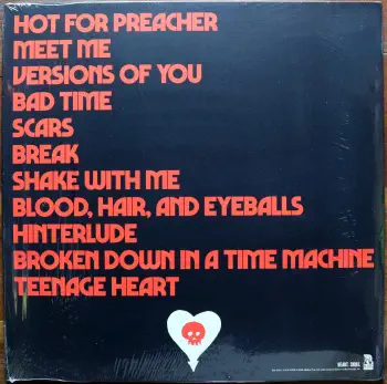 <u>PRESSING INFO</u><br><table class=inf_press><tbody><tr class=inf_info><td class=inf_title>Album:</td><td class=inf_info> Blood, Hair, And Eyeballs on 180g Black, Bone, & Maroon Tri-Stripe (Rise Exclusive)  </td></tr>
    <td class=inf_title>Pressing:</td><td> First Pressing /1000  </td></tr>
    <td class=inf_title>Release Date:</td><td> Jan. 26th 2024  </td></tr>
    <td class=inf_title>Album Pressed:</td><td> 2024  </td></tr>
    <td class=inf_title>Label:</td><td> Rise Records 536-8  </td></tr>
    <td class=inf_title>Insert:</td><td> Double Sided Glossy  </td></tr>
    <td class=inf_title>Barcode:</td><td> 4 099954-000184  </td></tr>
    <td class=inf_title>Side A Matrix:</td><td> 1D-102761 / RISE536-1-A 273896E1/A  </td></tr>
    <td class=inf_title>Side B Matrix:</td><td> 10-102761 / RISE536-1-B 273896E2/A  </td></tr>
    <td class=inf_title>&nbsp;</td><td> <a href=https://www.discogs.com/release/29620540 target=_blank rel=noopener noreferrer>View This Release on Discogs</a>  </tr></tbody></table>
<br><u>PRICING</u><span class='less' style='padding-left: 8px; color: var(--font-colour_grey);'>(prices shown in USD)</span><br><table class='inf_press'><tbody><tr class='inf_info'>
            <td class='inf_title'>Last Sold:</td>
            <td>$40.00 (May 9, 2024)</td>
            </tr><tr class='inf_info'>
            <td class='inf_title'>History:</td>
            <td>
                <span class='price-low' title='Sold on May 9, 2024'>Low: <span class='price-value'>$40.00</span></span>
                <span class='price-separator'>|</span>
                <span class='price-avg'>Avg: <span class='price-value'>$62.95</span></span>
                <span class='price-separator'>|</span>
                <span class='price-high' title='Sold on Mar 19, 2024'>High: <span class='price-value'>$85.90</span></span>
            </td>
            </tr></tbody></table><br>    <br><br><u>TRACKLIST</u><br><table class='inf_tracks'><tbody><tr>
            <td class='inf_num'>A1</td>
            <td class='inf_trk'>Hot For Preacher</td>
            <td class='inf_len'>3:46</td>
            <td><a href='#' class='lyric-link' data-album-code='bhe' data-song-title='Hot For Preacher'>Lyrics</a></td></tr><tr>
            <td class='inf_num'>A2</td>
            <td class='inf_trk'>Meet Me</td>
            <td class='inf_len'>3:54</td>
            <td><a href='#' class='lyric-link' data-album-code='bhe' data-song-title='Meet Me'>Lyrics</a></td></tr><tr>
            <td class='inf_num'>A3</td>
            <td class='inf_trk'>Versions Of You</td>
            <td class='inf_len'>3:14</td>
            <td><a href='#' class='lyric-link' data-album-code='bhe' data-song-title='Versions Of You'>Lyrics</a></td></tr><tr>
            <td class='inf_num'>A4</td>
            <td class='inf_trk'>Bad Time</td>
            <td class='inf_len'>2:55</td>
            <td><a href='#' class='lyric-link' data-album-code='bhe' data-song-title='Bad Time'>Lyrics</a></td></tr><tr>
            <td class='inf_num'>A5</td>
            <td class='inf_trk'>Scars</td>
            <td class='inf_len'>3:28</td>
            <td><a href='#' class='lyric-link' data-album-code='bhe' data-song-title='Scars'>Lyrics</a></td></tr><tr>
            <td class='inf_num'>A6</td>
            <td class='inf_trk'>Break</td>
            <td class='inf_len'>3:24</td>
            <td><a href='#' class='lyric-link' data-album-code='bhe' data-song-title='Break'>Lyrics</a></td></tr><tr>
            <td class='inf_num'>B1</td>
            <td class='inf_trk'>Shake With Me</td>
            <td class='inf_len'>3:59</td>
            <td><a href='#' class='lyric-link' data-album-code='bhe' data-song-title='Shake With Me'>Lyrics</a></td></tr><tr>
            <td class='inf_num'>B2</td>
            <td class='inf_trk'>Blood, Hair, And Eyeballs</td>
            <td class='inf_len'>3:01</td>
            <td><a href='#' class='lyric-link' data-album-code='bhe' data-song-title='Blood, Hair, And Eyeballs'>Lyrics</a></td></tr><tr>
            <td class='inf_num'>B3</td>
            <td class='inf_trk'>Hinterlude</td>
            <td class='inf_len'>1:05</td>
            <td><a href='#' class='lyric-link' data-album-code='bhe' data-song-title='Hinterlude'>Lyrics</a></td></tr><tr>
            <td class='inf_num'>B4</td>
            <td class='inf_trk'>Broken Down In A Time Machine</td>
            <td class='inf_len'>3:03</td>
            <td><a href='#' class='lyric-link' data-album-code='bhe' data-song-title='Broken Down In A Time Machine'>Lyrics</a></td></tr><tr>
            <td class='inf_num'>B5</td>
            <td class='inf_trk'>Teenage Heart</td>
            <td class='inf_len'>4:04</td>
            <td><a href='#' class='lyric-link' data-album-code='bhe' data-song-title='Teenage Heart'>Lyrics</a></td></tr></tbody></table><br><br>
    <u>NOTES</u><br> Originally advertised as out of /1450, Rise changed it to an even /1000 a day after posting to their website. Catalog number for this variant is 536-8
 - Back