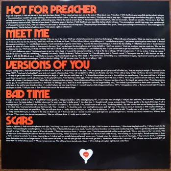 <u>PRESSING INFO</u><br><table class=inf_press><tbody><tr class=inf_info><td class=inf_title>Album:</td><td class=inf_info> Blood, Hair, And Eyeballs on 180g Black, Bone, & Maroon Tri-Stripe (Rise Exclusive)  </td></tr>
    <td class=inf_title>Pressing:</td><td> First Pressing /1000  </td></tr>
    <td class=inf_title>Release Date:</td><td> Jan. 26th 2024  </td></tr>
    <td class=inf_title>Album Pressed:</td><td> 2024  </td></tr>
    <td class=inf_title>Label:</td><td> Rise Records 536-8  </td></tr>
    <td class=inf_title>Insert:</td><td> Double Sided Glossy  </td></tr>
    <td class=inf_title>Barcode:</td><td> 4 099954-000184  </td></tr>
    <td class=inf_title>Side A Matrix:</td><td> 1D-102761 / RISE536-1-A 273896E1/A  </td></tr>
    <td class=inf_title>Side B Matrix:</td><td> 10-102761 / RISE536-1-B 273896E2/A  </td></tr>
    <td class=inf_title>&nbsp;</td><td> <a href=https://www.discogs.com/release/29620540 target=_blank rel=noopener noreferrer>View This Release on Discogs</a>  </tr></tbody></table>
<br><u>PRICING</u><span class='less' style='padding-left: 8px; color: var(--font-colour_grey);'>(prices shown in USD)</span><br><table class='inf_press'><tbody><tr class='inf_info'>
            <td class='inf_title'>Last Sold:</td>
            <td>$40.00 (May 9, 2024)</td>
            </tr><tr class='inf_info'>
            <td class='inf_title'>History:</td>
            <td>
                <span class='price-low' title='Sold on May 9, 2024'>Low: <span class='price-value'>$40.00</span></span>
                <span class='price-separator'>|</span>
                <span class='price-avg'>Avg: <span class='price-value'>$62.95</span></span>
                <span class='price-separator'>|</span>
                <span class='price-high' title='Sold on Mar 19, 2024'>High: <span class='price-value'>$85.90</span></span>
            </td>
            </tr></tbody></table><br>    <br><br><u>TRACKLIST</u><br><table class='inf_tracks'><tbody><tr>
            <td class='inf_num'>A1</td>
            <td class='inf_trk'>Hot For Preacher</td>
            <td class='inf_len'>3:46</td>
            <td><a href='#' class='lyric-link' data-album-code='bhe' data-song-title='Hot For Preacher'>Lyrics</a></td></tr><tr>
            <td class='inf_num'>A2</td>
            <td class='inf_trk'>Meet Me</td>
            <td class='inf_len'>3:54</td>
            <td><a href='#' class='lyric-link' data-album-code='bhe' data-song-title='Meet Me'>Lyrics</a></td></tr><tr>
            <td class='inf_num'>A3</td>
            <td class='inf_trk'>Versions Of You</td>
            <td class='inf_len'>3:14</td>
            <td><a href='#' class='lyric-link' data-album-code='bhe' data-song-title='Versions Of You'>Lyrics</a></td></tr><tr>
            <td class='inf_num'>A4</td>
            <td class='inf_trk'>Bad Time</td>
            <td class='inf_len'>2:55</td>
            <td><a href='#' class='lyric-link' data-album-code='bhe' data-song-title='Bad Time'>Lyrics</a></td></tr><tr>
            <td class='inf_num'>A5</td>
            <td class='inf_trk'>Scars</td>
            <td class='inf_len'>3:28</td>
            <td><a href='#' class='lyric-link' data-album-code='bhe' data-song-title='Scars'>Lyrics</a></td></tr><tr>
            <td class='inf_num'>A6</td>
            <td class='inf_trk'>Break</td>
            <td class='inf_len'>3:24</td>
            <td><a href='#' class='lyric-link' data-album-code='bhe' data-song-title='Break'>Lyrics</a></td></tr><tr>
            <td class='inf_num'>B1</td>
            <td class='inf_trk'>Shake With Me</td>
            <td class='inf_len'>3:59</td>
            <td><a href='#' class='lyric-link' data-album-code='bhe' data-song-title='Shake With Me'>Lyrics</a></td></tr><tr>
            <td class='inf_num'>B2</td>
            <td class='inf_trk'>Blood, Hair, And Eyeballs</td>
            <td class='inf_len'>3:01</td>
            <td><a href='#' class='lyric-link' data-album-code='bhe' data-song-title='Blood, Hair, And Eyeballs'>Lyrics</a></td></tr><tr>
            <td class='inf_num'>B3</td>
            <td class='inf_trk'>Hinterlude</td>
            <td class='inf_len'>1:05</td>
            <td><a href='#' class='lyric-link' data-album-code='bhe' data-song-title='Hinterlude'>Lyrics</a></td></tr><tr>
            <td class='inf_num'>B4</td>
            <td class='inf_trk'>Broken Down In A Time Machine</td>
            <td class='inf_len'>3:03</td>
            <td><a href='#' class='lyric-link' data-album-code='bhe' data-song-title='Broken Down In A Time Machine'>Lyrics</a></td></tr><tr>
            <td class='inf_num'>B5</td>
            <td class='inf_trk'>Teenage Heart</td>
            <td class='inf_len'>4:04</td>
            <td><a href='#' class='lyric-link' data-album-code='bhe' data-song-title='Teenage Heart'>Lyrics</a></td></tr></tbody></table><br><br>
    <u>NOTES</u><br> Originally advertised as out of /1450, Rise changed it to an even /1000 a day after posting to their website. Catalog number for this variant is 536-8
 - Insert