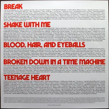 <u>PRESSING INFO</u><br><table class=inf_press><tbody><tr class=inf_info><td class=inf_title>Album:</td><td class=inf_info> Blood, Hair, And Eyeballs on 180g Bone & Red Bowtie (Webstore Exclusive)  </td></tr>
    <td class=inf_title>Pressing:</td><td> First Pressing /1500  </td></tr>
    <td class=inf_title>Release Date:</td><td> Jan. 26th 2024  </td></tr>
    <td class=inf_title>Album Pressed:</td><td> 2024  </td></tr>
    <td class=inf_title>Label:</td><td> Rise Records 536-9  </td></tr>
    <td class=inf_title>Insert:</td><td> Double Sided Glossy  </td></tr>
    <td class=inf_title>Barcode:</td><td> 4 099954-001969  </td></tr>
    <td class=inf_title>Side A Matrix:</td><td> 1D-102761 / RISE536-1-A 273896E1/A  </td></tr>
    <td class=inf_title>Side B Matrix:</td><td> 10-102761 / RISE536-1-B 273896E2/A  </td></tr>
    <td class=inf_title>&nbsp;</td><td> <a href=https://www.discogs.com/release/29586253 target=_blank rel=noopener noreferrer>View This Release on Discogs</a>  </tr></tbody></table>
<br><u>PRICING</u><span class='less' style='padding-left: 8px; color: var(--font-colour_grey);'>(prices shown in USD)</span><br><table class='inf_press'><tbody><tr class='inf_info'>
            <td class='inf_title'>Last Sold:</td>
            <td>$35.00 (Apr 13, 2026)</td>
            </tr><tr class='inf_info'>
            <td class='inf_title'>History:</td>
            <td>
                <span class='price-low' title='Sold on Apr 21, 2025'>Low: <span class='price-value'>$15.00</span></span>
                <span class='price-separator'>|</span>
                <span class='price-avg'>Avg: <span class='price-value'>$28.17</span></span>
                <span class='price-separator'>|</span>
                <span class='price-high' title='Sold on Apr 13, 2026'>High: <span class='price-value'>$35.00</span></span>
            </td>
            </tr></tbody></table><br>    <br><br><u>TRACKLIST</u><br><table class='inf_tracks'><tbody><tr>
            <td class='inf_num'>A1</td>
            <td class='inf_trk'>Hot For Preacher</td>
            <td class='inf_len'>3:46</td>
            <td><a href='#' class='lyric-link' data-album-code='bhe' data-song-title='Hot For Preacher'>Lyrics</a></td></tr><tr>
            <td class='inf_num'>A2</td>
            <td class='inf_trk'>Meet Me</td>
            <td class='inf_len'>3:54</td>
            <td><a href='#' class='lyric-link' data-album-code='bhe' data-song-title='Meet Me'>Lyrics</a></td></tr><tr>
            <td class='inf_num'>A3</td>
            <td class='inf_trk'>Versions Of You</td>
            <td class='inf_len'>3:14</td>
            <td><a href='#' class='lyric-link' data-album-code='bhe' data-song-title='Versions Of You'>Lyrics</a></td></tr><tr>
            <td class='inf_num'>A4</td>
            <td class='inf_trk'>Bad Time</td>
            <td class='inf_len'>2:55</td>
            <td><a href='#' class='lyric-link' data-album-code='bhe' data-song-title='Bad Time'>Lyrics</a></td></tr><tr>
            <td class='inf_num'>A5</td>
            <td class='inf_trk'>Scars</td>
            <td class='inf_len'>3:28</td>
            <td><a href='#' class='lyric-link' data-album-code='bhe' data-song-title='Scars'>Lyrics</a></td></tr><tr>
            <td class='inf_num'>A6</td>
            <td class='inf_trk'>Break</td>
            <td class='inf_len'>3:24</td>
            <td><a href='#' class='lyric-link' data-album-code='bhe' data-song-title='Break'>Lyrics</a></td></tr><tr>
            <td class='inf_num'>B1</td>
            <td class='inf_trk'>Shake With Me</td>
            <td class='inf_len'>3:59</td>
            <td><a href='#' class='lyric-link' data-album-code='bhe' data-song-title='Shake With Me'>Lyrics</a></td></tr><tr>
            <td class='inf_num'>B2</td>
            <td class='inf_trk'>Blood, Hair, And Eyeballs</td>
            <td class='inf_len'>3:01</td>
            <td><a href='#' class='lyric-link' data-album-code='bhe' data-song-title='Blood, Hair, And Eyeballs'>Lyrics</a></td></tr><tr>
            <td class='inf_num'>B3</td>
            <td class='inf_trk'>Hinterlude</td>
            <td class='inf_len'>1:05</td>
            <td><a href='#' class='lyric-link' data-album-code='bhe' data-song-title='Hinterlude'>Lyrics</a></td></tr><tr>
            <td class='inf_num'>B4</td>
            <td class='inf_trk'>Broken Down In A Time Machine</td>
            <td class='inf_len'>3:03</td>
            <td><a href='#' class='lyric-link' data-album-code='bhe' data-song-title='Broken Down In A Time Machine'>Lyrics</a></td></tr><tr>
            <td class='inf_num'>B5</td>
            <td class='inf_trk'>Teenage Heart</td>
            <td class='inf_len'>4:04</td>
            <td><a href='#' class='lyric-link' data-album-code='bhe' data-song-title='Teenage Heart'>Lyrics</a></td></tr></tbody></table><br><br>
    <u>NOTES</u><br> The sticker calls this 'Bone & Red Splatter' but it is a Bowtie variant. Catalog number for this variant is 536-9
 - Insert2