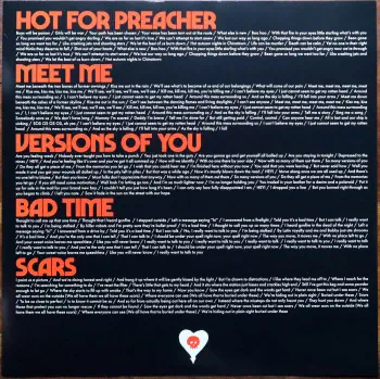 <u>PRESSING INFO</u><br><table class=inf_press><tbody><tr class=inf_info><td class=inf_title>Album:</td><td class=inf_info> Blood, Hair, And Eyeballs on 180g Bone (Indie Webstore Exclusive)  </td></tr>
    <td class=inf_title>Pressing:</td><td> First Pressing /300  </td></tr>
    <td class=inf_title>Release Date:</td><td> Jan. 26th 2024  </td></tr>
    <td class=inf_title>Album Pressed:</td><td> 2024  </td></tr>
    <td class=inf_title>Label:</td><td> Rise Records 536-7  </td></tr>
    <td class=inf_title>Insert:</td><td> Double Sided Glossy  </td></tr>
    <td class=inf_title>Barcode:</td><td> 4 099964-000177  </td></tr>
    <td class=inf_title>Side A Matrix:</td><td> 1D-102761 / RISE536-1-A 273896E1/A  </td></tr>
    <td class=inf_title>Side B Matrix:</td><td> 10-102761 / RISE536-1-B 273896E2/A  </td></tr>
    <td class=inf_title>&nbsp;</td><td> <a href=https://www.discogs.com/release/31222975 target=_blank rel=noopener noreferrer>View This Release on Discogs</a>  </tr></tbody></table>
<br><u>PRICING</u><span class='less' style='padding-left: 8px; color: var(--font-colour_grey);'>(prices shown in USD)</span><br><table class='inf_press'><tbody><tr class='inf_info'>
            <td class='inf_title'>Last Sold:</td>
            <td>$30.00 (Nov 25, 2025)</td>
            </tr><tr class='inf_info'>
            <td class='inf_title'>History:</td>
            <td>
                <span class='price-low' title='Sold on Dec 5, 2024'>Low: <span class='price-value'>$1.00</span></span>
                <span class='price-separator'>|</span>
                <span class='price-avg'>Avg: <span class='price-value'>$34.20</span></span>
                <span class='price-separator'>|</span>
                <span class='price-high' title='Sold on Feb 27, 2025'>High: <span class='price-value'>$75.00</span></span>
            </td>
            </tr></tbody></table><br>    <br><br><u>TRACKLIST</u><br><table class='inf_tracks'><tbody><tr>
            <td class='inf_num'>A1</td>
            <td class='inf_trk'>Hot For Preacher</td>
            <td class='inf_len'>3:46</td>
            <td><a href='#' class='lyric-link' data-album-code='bhe' data-song-title='Hot For Preacher'>Lyrics</a></td></tr><tr>
            <td class='inf_num'>A2</td>
            <td class='inf_trk'>Meet Me</td>
            <td class='inf_len'>3:54</td>
            <td><a href='#' class='lyric-link' data-album-code='bhe' data-song-title='Meet Me'>Lyrics</a></td></tr><tr>
            <td class='inf_num'>A3</td>
            <td class='inf_trk'>Versions Of You</td>
            <td class='inf_len'>3:14</td>
            <td><a href='#' class='lyric-link' data-album-code='bhe' data-song-title='Versions Of You'>Lyrics</a></td></tr><tr>
            <td class='inf_num'>A4</td>
            <td class='inf_trk'>Bad Time</td>
            <td class='inf_len'>2:55</td>
            <td><a href='#' class='lyric-link' data-album-code='bhe' data-song-title='Bad Time'>Lyrics</a></td></tr><tr>
            <td class='inf_num'>A5</td>
            <td class='inf_trk'>Scars</td>
            <td class='inf_len'>3:28</td>
            <td><a href='#' class='lyric-link' data-album-code='bhe' data-song-title='Scars'>Lyrics</a></td></tr><tr>
            <td class='inf_num'>A6</td>
            <td class='inf_trk'>Break</td>
            <td class='inf_len'>3:24</td>
            <td><a href='#' class='lyric-link' data-album-code='bhe' data-song-title='Break'>Lyrics</a></td></tr><tr>
            <td class='inf_num'>B1</td>
            <td class='inf_trk'>Shake With Me</td>
            <td class='inf_len'>3:59</td>
            <td><a href='#' class='lyric-link' data-album-code='bhe' data-song-title='Shake With Me'>Lyrics</a></td></tr><tr>
            <td class='inf_num'>B2</td>
            <td class='inf_trk'>Blood, Hair, And Eyeballs</td>
            <td class='inf_len'>3:01</td>
            <td><a href='#' class='lyric-link' data-album-code='bhe' data-song-title='Blood, Hair, And Eyeballs'>Lyrics</a></td></tr><tr>
            <td class='inf_num'>B3</td>
            <td class='inf_trk'>Hinterlude</td>
            <td class='inf_len'>1:05</td>
            <td><a href='#' class='lyric-link' data-album-code='bhe' data-song-title='Hinterlude'>Lyrics</a></td></tr><tr>
            <td class='inf_num'>B4</td>
            <td class='inf_trk'>Broken Down In A Time Machine</td>
            <td class='inf_len'>3:03</td>
            <td><a href='#' class='lyric-link' data-album-code='bhe' data-song-title='Broken Down In A Time Machine'>Lyrics</a></td></tr><tr>
            <td class='inf_num'>B5</td>
            <td class='inf_trk'>Teenage Heart</td>
            <td class='inf_len'>4:04</td>
            <td><a href='#' class='lyric-link' data-album-code='bhe' data-song-title='Teenage Heart'>Lyrics</a></td></tr></tbody></table><br><br>
    <u>NOTES</u><br> This variant is exclusive to *Brooklyn Vegan, *Revolver, and *Alt Press webstores. This particular variant was delayed in shipping, with many not receiving their copies until mid to late 2024. Catalog number for this variant is 536-7
 - Insert