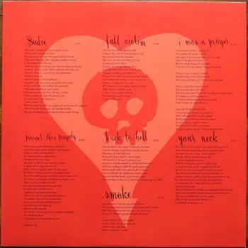 <u>PRESSING INFO</u><br><table class=inf_press><tbody><tr class=inf_info><td class=inf_title>Album:</td><td class=inf_info> Crimson on Opaque Red | Opaque Red (Vagrant 25th Anniversary)  </td></tr>
    <td class=inf_title>Pressing:</td><td> Fourth Pressing /1000  </td></tr>
    <td class=inf_title>Release Date:</td><td> June 9th 2023  </td></tr>
    <td class=inf_title>Album Pressed:</td><td> 2023  </td></tr>
    <td class=inf_title>Label:</td><td> Vagrant Records/BMG - 538801100  </td></tr>
    <td class=inf_title>Insert:</td><td> none  </td></tr>
    <td class=inf_title>Barcode:</td><td> 4 050538-801101  </td></tr>
    <td class=inf_title>Side A Matrix:</td><td> [stamped] MPO®23 302916 [etched] 538801100 A Kr SST  </td></tr>
    <td class=inf_title>Side B Matrix:</td><td> [stamped] MPO®23 302917 [etched] 538801100 B Kr SST  </td></tr>
    <td class=inf_title>Side C Matrix:</td><td> [stamped] MPO®23 300828 [etched] 538801100 C Kr SST  </td></tr>
    <td class=inf_title>Side D Matrix:</td><td> [stamped] MPO®23 300829 [etched] 538801100 D Kr SST  </td></tr>
    <td class=inf_title>&nbsp;</td><td> <a href=https://www.discogs.com/release/27384276 target=_blank rel=noopener noreferrer>View This Release on Discogs</a>  </tr></tbody></table>
<br><u>PRICING</u><span class='less' style='padding-left: 8px; color: var(--font-colour_grey);'>(prices shown in USD)</span><br><table class='inf_press'><tbody><tr class='inf_info'>
            <td class='inf_title'>Last Sold:</td>
            <td>$45.00 (Oct 23, 2023)</td>
            </tr><tr class='inf_info'>
            <td class='inf_title'>History:</td>
            <td>
                <span class='price-low' title='Sold on Oct 23, 2023'>Low: <span class='price-value'>$45.00</span></span>
                <span class='price-separator'>|</span>
                <span class='price-avg'>Avg: <span class='price-value'>$45.00</span></span>
                <span class='price-separator'>|</span>
                <span class='price-high' title='Sold on Oct 23, 2023'>High: <span class='price-value'>$45.00</span></span>
            </td>
            </tr></tbody></table><br>    <br><br><u>TRACKLIST</u><br><table class='inf_tracks'><tbody><tr>
            <td class='inf_num'>A1</td>
            <td class='inf_trk'>Time To Waste</td>
            <td class='inf_len'>4:11</td>
            <td><a href='#' class='lyric-link' data-album-code='crimson' data-song-title='Time To Waste'>Lyrics</a></td></tr><tr>
            <td class='inf_num'>A2</td>
            <td class='inf_trk'>The Poison</td>
            <td class='inf_len'>2:04</td>
            <td><a href='#' class='lyric-link' data-album-code='crimson' data-song-title='The Poison'>Lyrics</a></td></tr><tr>
            <td class='inf_num'>A3</td>
            <td class='inf_trk'>Burn</td>
            <td class='inf_len'>4:05</td>
            <td><a href='#' class='lyric-link' data-album-code='crimson' data-song-title='Burn'>Lyrics</a></td></tr><tr>
            <td class='inf_num'>B1</td>
            <td class='inf_trk'>Mercy Me</td>
            <td class='inf_len'>2:49</td>
            <td><a href='#' class='lyric-link' data-album-code='crimson' data-song-title='Mercy Me'>Lyrics</a></td></tr><tr>
            <td class='inf_num'>B2</td>
            <td class='inf_trk'>Dethbed</td>
            <td class='inf_len'>3:03</td>
            <td><a href='#' class='lyric-link' data-album-code='crimson' data-song-title='Dethbed'>Lyrics</a></td></tr><tr>
            <td class='inf_num'>B3</td>
            <td class='inf_trk'>Settle For Satin</td>
            <td class='inf_len'>3:49</td>
            <td><a href='#' class='lyric-link' data-album-code='crimson' data-song-title='Settle For Satin'>Lyrics</a></td></tr><tr>
            <td class='inf_num'>C1</td>
            <td class='inf_trk'>Sadie</td>
            <td class='inf_len'>4:39</td>
            <td><a href='#' class='lyric-link' data-album-code='crimson' data-song-title='Sadie'>Lyrics</a></td></tr><tr>
            <td class='inf_num'>C2</td>
            <td class='inf_trk'>Fall Victim</td>
            <td class='inf_len'>3:18</td>
            <td><a href='#' class='lyric-link' data-album-code='crimson' data-song-title='Fall Victim'>Lyrics</a></td></tr><tr>
            <td class='inf_num'>C3</td>
            <td class='inf_trk'>I Was A Prayer</td>
            <td class='inf_len'>2:36</td>
            <td><a href='#' class='lyric-link' data-album-code='crimson' data-song-title='I Was A Prayer'>Lyrics</a></td></tr><tr>
            <td class='inf_num'>D1</td>
            <td class='inf_trk'>Prevent This Tragedy</td>
            <td class='inf_len'>3:06</td>
            <td><a href='#' class='lyric-link' data-album-code='crimson' data-song-title='Prevent This Tragedy'>Lyrics</a></td></tr><tr>
            <td class='inf_num'>D2</td>
            <td class='inf_trk'>Back To Hell</td>
            <td class='inf_len'>2:54</td>
            <td><a href='#' class='lyric-link' data-album-code='crimson' data-song-title='Back To Hell'>Lyrics</a></td></tr><tr>
            <td class='inf_num'>D3</td>
            <td class='inf_trk'>Your Neck</td>
            <td class='inf_len'>3:15</td>
            <td><a href='#' class='lyric-link' data-album-code='crimson' data-song-title='Your Neck'>Lyrics</a></td></tr><tr>
            <td class='inf_num'>D4</td>
            <td class='inf_trk'>Smoke</td>
            <td class='inf_len'>2:59</td>
            <td><a href='#' class='lyric-link' data-album-code='crimson' data-song-title='Smoke'>Lyrics</a></td></tr></tbody></table><br><br>
    <u>NOTES</u><br> Vagrant 2023 2x10 Reissue on Opaque Red Vagrant Webstore Exclusive
 - Insert3
