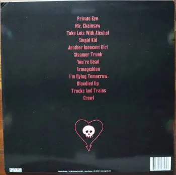 <u>PRESSING INFO</u><br><table class=inf_press><tbody><tr class=inf_info><td class=inf_title>Album:</td><td class=inf_info> From Here To Infirmary on Black  </td></tr>
    <td class=inf_title>Pressing:</td><td> First Pressing /3000  </td></tr>
    <td class=inf_title>Release Date:</td><td> 2001  </td></tr>
    <td class=inf_title>Album Pressed:</td><td> 2001  </td></tr>
    <td class=inf_title>Label:</td><td> Vagrant Records VR353  </td></tr>
    <td class=inf_title>Insert:</td><td> Double Sided Glossy  </td></tr>
    <td class=inf_title>Barcode:</td><td> 6 01091-03531 7  </td></tr>
    <td class=inf_title>Side A Matrix:</td><td> VR-353-A GOLDEN  </td></tr>
    <td class=inf_title>Side B Matrix:</td><td> VR-353-B GOLDEN  </td></tr>
    <td class=inf_title>&nbsp;</td><td> <a href=https://www.discogs.com/release/480164 target=_blank rel=noopener noreferrer>View This Release on Discogs</a>  </tr></tbody></table>
<br><u>PRICING</u><span class='less' style='padding-left: 8px; color: var(--font-colour_grey);'>(prices shown in USD)</span><br><table class='inf_press'><tbody><tr class='inf_info'>
            <td class='inf_title'>Last Sold:</td>
            <td><span title='Sold for A$94.05'>$65.83</span> (Apr 18, 2026)</td>
            </tr><tr class='inf_info'>
            <td class='inf_title'>History:</td>
            <td>
                <span class='price-low' title='A$50.00 · Sold on Dec 8, 2023'>Low: <span class='price-value'>$35.00</span></span>
                <span class='price-separator'>|</span>
                <span class='price-avg'>Avg: <span class='price-value'>$76.19</span></span>
                <span class='price-separator'>|</span>
                <span class='price-high' title='Sold on Apr 21, 2024'>High: <span class='price-value'>$125.00</span></span>
            </td>
            </tr></tbody></table><br>    <br><br><u>TRACKLIST</u><br><table class='inf_tracks'><tbody><tr>
            <td class='inf_num'>A1</td>
            <td class='inf_trk'>Private Eye</td>
            <td class='inf_len'>3:30</td>
            <td><a href='#' class='lyric-link' data-album-code='fhti' data-song-title='Private Eye'>Lyrics</a></td></tr><tr>
            <td class='inf_num'>A2</td>
            <td class='inf_trk'>Mr. Chainsaw</td>
            <td class='inf_len'>3:05</td>
            <td><a href='#' class='lyric-link' data-album-code='fhti' data-song-title='Mr. Chainsaw'>Lyrics</a></td></tr><tr>
            <td class='inf_num'>A3</td>
            <td class='inf_trk'>Take Lots With Alcohol</td>
            <td class='inf_len'>3:13</td>
            <td><a href='#' class='lyric-link' data-album-code='fhti' data-song-title='Take Lots With Alcohol'>Lyrics</a></td></tr><tr>
            <td class='inf_num'>A4</td>
            <td class='inf_trk'>Stupid Kid</td>
            <td class='inf_len'>2:23</td>
            <td><a href='#' class='lyric-link' data-album-code='fhti' data-song-title='Stupid Kid'>Lyrics</a></td></tr><tr>
            <td class='inf_num'>A5</td>
            <td class='inf_trk'>Another Innocent Girl</td>
            <td class='inf_len'>3:37</td>
            <td><a href='#' class='lyric-link' data-album-code='fhti' data-song-title='Another Innocent Girl'>Lyrics</a></td></tr><tr>
            <td class='inf_num'>A6</td>
            <td class='inf_trk'>Steamer Trunk</td>
            <td class='inf_len'>2:50</td>
            <td><a href='#' class='lyric-link' data-album-code='fhti' data-song-title='Steamer Trunk'>Lyrics</a></td></tr><tr>
            <td class='inf_num'>B1</td>
            <td class='inf_trk'>You’re Dead</td>
            <td class='inf_len'>3:50</td>
            <td><a href='#' class='lyric-link' data-album-code='fhti' data-song-title='You’re Dead'>Lyrics</a></td></tr><tr>
            <td class='inf_num'>B2</td>
            <td class='inf_trk'>Armageddon</td>
            <td class='inf_len'>2:49</td>
            <td><a href='#' class='lyric-link' data-album-code='fhti' data-song-title='Armageddon'>Lyrics</a></td></tr><tr>
            <td class='inf_num'>B3</td>
            <td class='inf_trk'>I’m Dying Tomorrow</td>
            <td class='inf_len'>2:18</td>
            <td><a href='#' class='lyric-link' data-album-code='fhti' data-song-title='I’m Dying Tomorrow'>Lyrics</a></td></tr><tr>
            <td class='inf_num'>B4</td>
            <td class='inf_trk'>Bloodied Up</td>
            <td class='inf_len'>2:51</td>
            <td><a href='#' class='lyric-link' data-album-code='fhti' data-song-title='Bloodied Up'>Lyrics</a></td></tr><tr>
            <td class='inf_num'>B5</td>
            <td class='inf_trk'>Trucks And Trains</td>
            <td class='inf_len'>3:16</td>
            <td><a href='#' class='lyric-link' data-album-code='fhti' data-song-title='Trucks And Trains'>Lyrics</a></td></tr><tr>
            <td class='inf_num'>B6</td>
            <td class='inf_trk'>Crawl</td>
            <td class='inf_len'>4:25</td>
            <td><a href='#' class='lyric-link' data-album-code='fhti' data-song-title='Crawl'>Lyrics</a></td></tr></tbody></table><br><br>
    <u>NOTES</u><br> The sleeve for this pressing is the only one that has a high gloss finish. The center labels have numbers indicating side A/B instead of Roman numerals like all future pressings.
 - Back