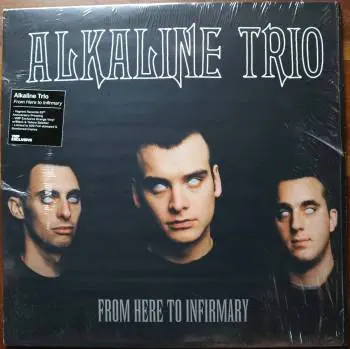 <u>PRESSING INFO</u><br><table class=inf_press><tbody><tr class=inf_info><td class=inf_title>Album:</td><td class=inf_info> From Here To Infirmary on Orange with Black & Yellow Splatter (Vinyl Me, Please Exclusive)  </td></tr>
    <td class=inf_title>Pressing:</td><td> Fourth Pressing /500  </td></tr>
    <td class=inf_title>Release Date:</td><td> Aug. 5th 2021  </td></tr>
    <td class=inf_title>Album Pressed:</td><td> 2021  </td></tr>
    <td class=inf_title>Label:</td><td> Vagrant Records/BMG VR4405  </td></tr>
    <td class=inf_title>Insert:</td><td> Double Sided Glossy  </td></tr>
    <td class=inf_title>Barcode:</td><td> 4 050538-230147  </td></tr>
    <td class=inf_title>Side A Matrix:</td><td> ALKALINE TRIO - FROM HERE TO INFIRMARY plush v VR4405 A (etched) VR4405-A 219742E1 894677 (stamped)  </td></tr>
    <td class=inf_title>Side B Matrix:</td><td> ALKALINE TRIO - HERE TO INFIRMARY plush vinyl (etched) VR4405-B 219742E2 894675 (stamped)  </td></tr>
    <td class=inf_title>&nbsp;</td><td> <a href=https://www.discogs.com/release/20391526 target=_blank rel=noopener noreferrer>View This Release on Discogs</a>  </tr></tbody></table>
<br><u>PRICING</u><span class='less' style='padding-left: 8px; color: var(--font-colour_grey);'>(prices shown in USD)</span><br><table class='inf_press'><tbody><tr class='inf_info'>
            <td class='inf_title'>Last Sold:</td>
            <td><span title='Sold for A$82.00'>$57.39</span> (Jul 4, 2026)</td>
            </tr><tr class='inf_info'>
            <td class='inf_title'>History:</td>
            <td>
                <span class='price-low' title='€25.00 · Sold on May 25, 2023'>Low: <span class='price-value'>$28.47</span></span>
                <span class='price-separator'>|</span>
                <span class='price-avg'>Avg: <span class='price-value'>$45.47</span></span>
                <span class='price-separator'>|</span>
                <span class='price-high' title='Sold on Apr 13, 2026'>High: <span class='price-value'>$59.99</span></span>
            </td>
            </tr></tbody></table><br>    <br><br><u>TRACKLIST</u><br><table class='inf_tracks'><tbody><tr>
            <td class='inf_num'>A1</td>
            <td class='inf_trk'>Private Eye</td>
            <td class='inf_len'>3:30</td>
            <td><a href='#' class='lyric-link' data-album-code='fhti' data-song-title='Private Eye'>Lyrics</a></td></tr><tr>
            <td class='inf_num'>A2</td>
            <td class='inf_trk'>Mr. Chainsaw</td>
            <td class='inf_len'>3:05</td>
            <td><a href='#' class='lyric-link' data-album-code='fhti' data-song-title='Mr. Chainsaw'>Lyrics</a></td></tr><tr>
            <td class='inf_num'>A3</td>
            <td class='inf_trk'>Take Lots With Alcohol</td>
            <td class='inf_len'>3:13</td>
            <td><a href='#' class='lyric-link' data-album-code='fhti' data-song-title='Take Lots With Alcohol'>Lyrics</a></td></tr><tr>
            <td class='inf_num'>A4</td>
            <td class='inf_trk'>Stupid Kid</td>
            <td class='inf_len'>2:23</td>
            <td><a href='#' class='lyric-link' data-album-code='fhti' data-song-title='Stupid Kid'>Lyrics</a></td></tr><tr>
            <td class='inf_num'>A5</td>
            <td class='inf_trk'>Another Innocent Girl</td>
            <td class='inf_len'>3:37</td>
            <td><a href='#' class='lyric-link' data-album-code='fhti' data-song-title='Another Innocent Girl'>Lyrics</a></td></tr><tr>
            <td class='inf_num'>A6</td>
            <td class='inf_trk'>Steamer Trunk</td>
            <td class='inf_len'>2:50</td>
            <td><a href='#' class='lyric-link' data-album-code='fhti' data-song-title='Steamer Trunk'>Lyrics</a></td></tr><tr>
            <td class='inf_num'>B1</td>
            <td class='inf_trk'>You’re Dead</td>
            <td class='inf_len'>3:50</td>
            <td><a href='#' class='lyric-link' data-album-code='fhti' data-song-title='You’re Dead'>Lyrics</a></td></tr><tr>
            <td class='inf_num'>B2</td>
            <td class='inf_trk'>Armageddon</td>
            <td class='inf_len'>2:49</td>
            <td><a href='#' class='lyric-link' data-album-code='fhti' data-song-title='Armageddon'>Lyrics</a></td></tr><tr>
            <td class='inf_num'>B3</td>
            <td class='inf_trk'>I’m Dying Tomorrow</td>
            <td class='inf_len'>2:18</td>
            <td><a href='#' class='lyric-link' data-album-code='fhti' data-song-title='I’m Dying Tomorrow'>Lyrics</a></td></tr><tr>
            <td class='inf_num'>B4</td>
            <td class='inf_trk'>Bloodied Up</td>
            <td class='inf_len'>2:51</td>
            <td><a href='#' class='lyric-link' data-album-code='fhti' data-song-title='Bloodied Up'>Lyrics</a></td></tr><tr>
            <td class='inf_num'>B5</td>
            <td class='inf_trk'>Trucks And Trains</td>
            <td class='inf_len'>3:16</td>
            <td><a href='#' class='lyric-link' data-album-code='fhti' data-song-title='Trucks And Trains'>Lyrics</a></td></tr><tr>
            <td class='inf_num'>B6</td>
            <td class='inf_trk'>Crawl</td>
            <td class='inf_len'>4:25</td>
            <td><a href='#' class='lyric-link' data-album-code='fhti' data-song-title='Crawl'>Lyrics</a></td></tr></tbody></table><br><br>
    <u>NOTES</u><br> Foil stamped numbered sleeve. This pressing was released for through Vinyl Me, Please as an exclusive.
 - Cover