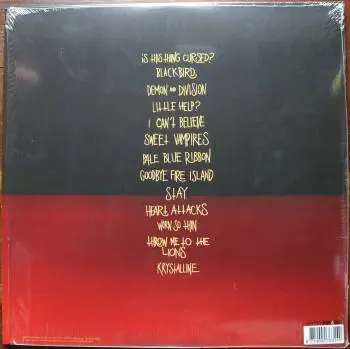 <u>PRESSING INFO</u><br><table class=inf_press><tbody><tr class=inf_info><td class=inf_title>Album:</td><td class=inf_info> Is This Thing Cursed? on 180g Black & Red Split (EU Exclusive)  </td></tr>
    <td class=inf_title>Pressing:</td><td> First Pressing /500  </td></tr>
    <td class=inf_title>Release Date:</td><td> Oct. 19th 2018  </td></tr>
    <td class=inf_title>Album Pressed:</td><td> 2018  </td></tr>
    <td class=inf_title>Label:</td><td> Heart&Skull Records/Epitaph 7631-1  </td></tr>
    <td class=inf_title>Insert:</td><td> none  </td></tr>
    <td class=inf_title>Barcode:</td><td> 8 714092-763119  </td></tr>
    <td class=inf_title>Side A Matrix:</td><td> [stamped] 179458E1/A PIRATES PRESS - EPIT 7631 A  </td></tr>
    <td class=inf_title>Side B Matrix:</td><td> [stamped] 179458E2/A PIRATES PRESS - EPIT 7631 B  </td></tr>
    <td class=inf_title>&nbsp;</td><td> <a href=https://www.discogs.com/release/12676995 target=_blank rel=noopener noreferrer>View This Release on Discogs</a>  </tr></tbody></table>
<br><u>PRICING</u><span class='less' style='padding-left: 8px; color: var(--font-colour_grey);'>(prices shown in USD)</span><br><table class='inf_press'><tbody><tr class='inf_info'>
            <td class='inf_title'>Last Sold:</td>
            <td>$24.00 (May 18, 2026)</td>
            </tr><tr class='inf_info'>
            <td class='inf_title'>History:</td>
            <td>
                <span class='price-low' title='£8.99 · Sold on Jun 13, 2020'>Low: <span class='price-value'>$11.97</span></span>
                <span class='price-separator'>|</span>
                <span class='price-avg'>Avg: <span class='price-value'>$31.26</span></span>
                <span class='price-separator'>|</span>
                <span class='price-high' title='Sold on Jan 31, 2024'>High: <span class='price-value'>$40.00</span></span>
            </td>
            </tr></tbody></table><br>    <br><br><u>TRACKLIST</u><br><table class='inf_tracks'><tbody><tr>
            <td class='inf_num'>A1</td>
            <td class='inf_trk'>Is This Thing Cursed?</td>
            <td class='inf_len'>2:44</td>
            <td><a href='#' class='lyric-link' data-album-code='ittc' data-song-title='Is This Thing Cursed?'>Lyrics</a></td></tr><tr>
            <td class='inf_num'>A2</td>
            <td class='inf_trk'>Blackbird</td>
            <td class='inf_len'>3:20</td>
            <td><a href='#' class='lyric-link' data-album-code='ittc' data-song-title='Blackbird'>Lyrics</a></td></tr><tr>
            <td class='inf_num'>A3</td>
            <td class='inf_trk'>Demon And Division</td>
            <td class='inf_len'>3:16</td>
            <td><a href='#' class='lyric-link' data-album-code='ittc' data-song-title='Demon And Division'>Lyrics</a></td></tr><tr>
            <td class='inf_num'>A4</td>
            <td class='inf_trk'>Little Help?</td>
            <td class='inf_len'>2:23</td>
            <td><a href='#' class='lyric-link' data-album-code='ittc' data-song-title='Little Help?'>Lyrics</a></td></tr><tr>
            <td class='inf_num'>A5</td>
            <td class='inf_trk'>I Can’t Believe</td>
            <td class='inf_len'>4:01</td>
            <td><a href='#' class='lyric-link' data-album-code='ittc' data-song-title='I Can’t Believe'>Lyrics</a></td></tr><tr>
            <td class='inf_num'>A6</td>
            <td class='inf_trk'>Sweet Vampires</td>
            <td class='inf_len'>3:23</td>
            <td><a href='#' class='lyric-link' data-album-code='ittc' data-song-title='Sweet Vampires'>Lyrics</a></td></tr><tr>
            <td class='inf_num'>A7</td>
            <td class='inf_trk'>Pale Blue Ribbon</td>
            <td class='inf_len'>2:00</td>
            <td><a href='#' class='lyric-link' data-album-code='ittc' data-song-title='Pale Blue Ribbon'>Lyrics</a></td></tr><tr>
            <td class='inf_num'>B1</td>
            <td class='inf_trk'>Goodbye Fire Island</td>
            <td class='inf_len'>3:32</td>
            <td><a href='#' class='lyric-link' data-album-code='ittc' data-song-title='Goodbye Fire Island'>Lyrics</a></td></tr><tr>
            <td class='inf_num'>B2</td>
            <td class='inf_trk'>Stay</td>
            <td class='inf_len'>3:29</td>
            <td><a href='#' class='lyric-link' data-album-code='ittc' data-song-title='Stay'>Lyrics</a></td></tr><tr>
            <td class='inf_num'>B3</td>
            <td class='inf_trk'>Heart Attacks</td>
            <td class='inf_len'>2:20</td>
            <td><a href='#' class='lyric-link' data-album-code='ittc' data-song-title='Heart Attacks'>Lyrics</a></td></tr><tr>
            <td class='inf_num'>B4</td>
            <td class='inf_trk'>Worn So Thin</td>
            <td class='inf_len'>2:35</td>
            <td><a href='#' class='lyric-link' data-album-code='ittc' data-song-title='Worn So Thin'>Lyrics</a></td></tr><tr>
            <td class='inf_num'>B5</td>
            <td class='inf_trk'>Throw Me To The Lions</td>
            <td class='inf_len'>3:18</td>
            <td><a href='#' class='lyric-link' data-album-code='ittc' data-song-title='Throw Me To The Lions'>Lyrics</a></td></tr><tr>
            <td class='inf_num'>B6</td>
            <td class='inf_trk'>Krystalline</td>
            <td class='inf_len'>3:30</td>
            <td><a href='#' class='lyric-link' data-album-code='ittc' data-song-title='Krystalline'>Lyrics</a></td></tr></tbody></table><br><br>
    <u>NOTES</u><br> Gatefold sleeve. No insert. No Epitaph logo on sleeve. Epitaph Europe copyright info.
 - Back