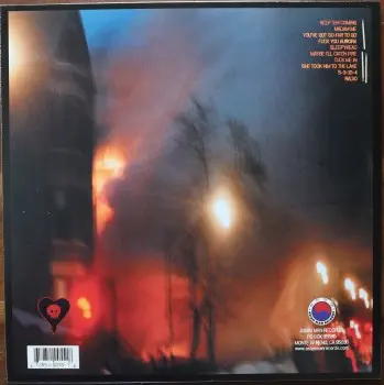 <u>PRESSING INFO</u><br><table class=inf_press><tbody><tr class=inf_info><td class=inf_title>Album:</td><td class=inf_info> Maybe I'll Catch Fire on Random Colour 'Purple Marble'  </td></tr>
    <td class=inf_title>Pressing:</td><td> Fifteenth Pressing /500  </td></tr>
    <td class=inf_title>Release Date:</td><td> Apr. 2022  </td></tr>
    <td class=inf_title>Album Pressed:</td><td> 2022  </td></tr>
    <td class=inf_title>Label:</td><td> Asianman Records AM 055  </td></tr>
    <td class=inf_title>Insert:</td><td> Double Sided Glossy  </td></tr>
    <td class=inf_title>Barcode:</td><td> 6 12851-0055-1 8  </td></tr>
    <td class=inf_title>Side A Matrix:</td><td> 1089-AM055- 1 A 5 S-65692  </td></tr>
    <td class=inf_title>Side B Matrix:</td><td> 7689-AM055-1(B) S-68693  </td></tr>
    <td class=inf_title>&nbsp;</td><td> <a href=https://www.discogs.com/release/22754468 target=_blank rel=noopener noreferrer>View This Release on Discogs</a>  </tr></tbody></table>
<br><u>PRICING</u><span class='less' style='padding-left: 8px; color: var(--font-colour_grey);'>(prices shown in USD)</span><br><table class='inf_press'><tbody><tr class='inf_info'>
            <td class='inf_title'>Last Sold:</td>
            <td><span title='Sold for £22.00'>$29.30</span> (Jan 28, 2024)</td>
            </tr><tr class='inf_info'>
            <td class='inf_title'>History:</td>
            <td>
                <span class='price-low' title='Sold on Jun 19, 2023'>Low: <span class='price-value'>$12.00</span></span>
                <span class='price-separator'>|</span>
                <span class='price-avg'>Avg: <span class='price-value'>$22.13</span></span>
                <span class='price-separator'>|</span>
                <span class='price-high' title='€33.00 · Sold on Apr 8, 2023'>High: <span class='price-value'>$37.58</span></span>
            </td>
            </tr></tbody></table><br>    <br><br><u>TRACKLIST</u><br><table class='inf_tracks'><tbody><tr>
            <td class='inf_num'>A1</td>
            <td class='inf_trk'>Keep ’Em Coming</td>
            <td class='inf_len'>4:10</td>
            <td><a href='#' class='lyric-link' data-album-code='micf' data-song-title='Keep ’Em Coming'>Lyrics</a></td></tr><tr>
            <td class='inf_num'>A2</td>
            <td class='inf_trk'>Madam Me</td>
            <td class='inf_len'>2:59</td>
            <td><a href='#' class='lyric-link' data-album-code='micf' data-song-title='Madam Me'>Lyrics</a></td></tr><tr>
            <td class='inf_num'>A3</td>
            <td class='inf_trk'>You’ve Got So Far To Go</td>
            <td class='inf_len'>3:14</td>
            <td><a href='#' class='lyric-link' data-album-code='micf' data-song-title='You’ve Got So Far To Go'>Lyrics</a></td></tr><tr>
            <td class='inf_num'>A4</td>
            <td class='inf_trk'>Fuck You Aurora</td>
            <td class='inf_len'>4:49</td>
            <td><a href='#' class='lyric-link' data-album-code='micf' data-song-title='Fuck You Aurora'>Lyrics</a></td></tr><tr>
            <td class='inf_num'>A5</td>
            <td class='inf_trk'>Sleepyhead</td>
            <td class='inf_len'>3:56</td>
            <td><a href='#' class='lyric-link' data-album-code='micf' data-song-title='Sleepyhead'>Lyrics</a></td></tr><tr>
            <td class='inf_num'>B1</td>
            <td class='inf_trk'>Maybe I’ll Catch Fire</td>
            <td class='inf_len'>3:07</td>
            <td><a href='#' class='lyric-link' data-album-code='micf' data-song-title='Maybe I’ll Catch Fire'>Lyrics</a></td></tr><tr>
            <td class='inf_num'>B2</td>
            <td class='inf_trk'>Tuck Me In</td>
            <td class='inf_len'>2:39</td>
            <td><a href='#' class='lyric-link' data-album-code='micf' data-song-title='Tuck Me In'>Lyrics</a></td></tr><tr>
            <td class='inf_num'>B3</td>
            <td class='inf_trk'>She Took Him To The Lake</td>
            <td class='inf_len'>2:40</td>
            <td><a href='#' class='lyric-link' data-album-code='micf' data-song-title='She Took Him To The Lake'>Lyrics</a></td></tr><tr>
            <td class='inf_num'>B4</td>
            <td class='inf_trk'>5-3-10-4</td>
            <td class='inf_len'>2:56</td>
            <td><a href='#' class='lyric-link' data-album-code='micf' data-song-title='5-3-10-4'>Lyrics</a></td></tr><tr>
            <td class='inf_num'>B5</td>
            <td class='inf_trk'>Radio</td>
            <td class='inf_len'>4:41</td>
            <td><a href='#' class='lyric-link' data-album-code='micf' data-song-title='Radio'>Lyrics</a></td></tr></tbody></table><br><br>
    <u>NOTES</u><br> This pressing was unannounced by Asian Man Records, but was distributed as Retail Only. The sleeve is identical to the previous pressing, however inserts are now Double Sided Glossy again. The vinyl center labels match heads are noticably lighter than any previous version.
 - Back