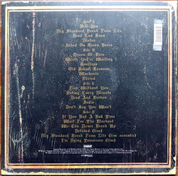 <u>PRESSING INFO</u><br><table class=inf_press><tbody><tr class=inf_info><td class=inf_title>Album:</td><td class=inf_info> Remains on Translucent Green | Translucent Green  </td></tr>
    <td class=inf_title>Pressing:</td><td> First Pressing /70  </td></tr>
    <td class=inf_title>Release Date:</td><td> Jan. 31st 2007  </td></tr>
    <td class=inf_title>Album Pressed:</td><td> 2007  </td></tr>
    <td class=inf_title>Label:</td><td> Vagrant Records/Cobraside CSDLP1111  </td></tr>
    <td class=inf_title>Insert:</td><td> Double Sided Matte  </td></tr>
    <td class=inf_title>Barcode:</td><td> 8 29707-95111 4  </td></tr>
    <td class=inf_title>Side A Matrix:</td><td> CSDLP-1111-A  </td></tr>
    <td class=inf_title>Side B Matrix:</td><td> CSDLP-1111-B  </td></tr>
    <td class=inf_title>Side C Matrix:</td><td> CSDLP-1111-C  </td></tr>
    <td class=inf_title>Side D Matrix:</td><td> CSDLP-1111-D  </td></tr>
    <td class=inf_title>&nbsp;</td><td> <a href=https://www.discogs.com/release/1584632 target=_blank rel=noopener noreferrer>View This Release on Discogs</a>  </tr></tbody></table>
<br><u>PRICING</u><span class='less' style='padding-left: 8px; color: var(--font-colour_grey);'>(prices shown in USD)</span><br><table class='inf_press'><tbody><tr class='inf_info'>
            <td class='inf_title'>Last Sold:</td>
            <td>$200.00 (Nov 22, 2022)</td>
            </tr><tr class='inf_info'>
            <td class='inf_title'>History:</td>
            <td>
                <span class='price-low' title='€30.00 · Sold on Feb 7, 2018'>Low: <span class='price-value'>$34.17</span></span>
                <span class='price-separator'>|</span>
                <span class='price-avg'>Avg: <span class='price-value'>$109.16</span></span>
                <span class='price-separator'>|</span>
                <span class='price-high' title='Sold on Nov 22, 2022'>High: <span class='price-value'>$200.00</span></span>
            </td>
            </tr></tbody></table><br>    <br><br><u>TRACKLIST</u><br><table class='inf_tracks'><tbody><tr>
            <td class='inf_num'>A1</td>
            <td class='inf_trk'>Hell Yes</td>
            <td class='inf_len'>3:49</td>
            <td><a href='#' class='lyric-link' data-album-code='remains' data-song-title='Hell Yes'>Lyrics</a></td></tr><tr>
            <td class='inf_num'>A2</td>
            <td class='inf_trk'>My Standard Break From Life</td>
            <td class='inf_len'>2:34</td>
            <td><a href='#' class='lyric-link' data-album-code='remains' data-song-title='My Standard Break From Life'>Lyrics</a></td></tr><tr>
            <td class='inf_num'>A3</td>
            <td class='inf_trk'>Dead End Road</td>
            <td class='inf_len'>3:08</td>
            <td><a href='#' class='lyric-link' data-album-code='remains' data-song-title='Dead End Road'>Lyrics</a></td></tr><tr>
            <td class='inf_num'>A4</td>
            <td class='inf_trk'>Metro</td>
            <td class='inf_len'>3:41</td>
            <td><a href='#' class='lyric-link' data-album-code='remains' data-song-title='Metro'>Lyrics</a></td></tr><tr>
            <td class='inf_num'>A5</td>
            <td class='inf_trk'>Jaked On Green Beers</td>
            <td class='inf_len'>3:27</td>
            <td><a href='#' class='lyric-link' data-album-code='remains' data-song-title='Jaked On Green Beers'>Lyrics</a></td></tr><tr>
            <td class='inf_num'>B1</td>
            <td class='inf_trk'>Queen Of Pain</td>
            <td class='inf_len'>3:56</td>
            <td><a href='#' class='lyric-link' data-album-code='remains' data-song-title='Queen Of Pain'>Lyrics</a></td></tr><tr>
            <td class='inf_num'>B2</td>
            <td class='inf_trk'>While You’re Waiting</td>
            <td class='inf_len'>4:06</td>
            <td><a href='#' class='lyric-link' data-album-code='remains' data-song-title='While You’re Waiting'>Lyrics</a></td></tr><tr>
            <td class='inf_num'>B3</td>
            <td class='inf_trk'>Rooftops</td>
            <td class='inf_len'>2:15</td>
            <td><a href='#' class='lyric-link' data-album-code='remains' data-song-title='Rooftops'>Lyrics</a></td></tr><tr>
            <td class='inf_num'>B4</td>
            <td class='inf_trk'>Old School Reasons</td>
            <td class='inf_len'>2:51</td>
            <td><a href='#' class='lyric-link' data-album-code='remains' data-song-title='Old School Reasons'>Lyrics</a></td></tr><tr>
            <td class='inf_num'>B5</td>
            <td class='inf_trk'>Warbrain</td>
            <td class='inf_len'>2:28</td>
            <td><a href='#' class='lyric-link' data-album-code='remains' data-song-title='Warbrain'>Lyrics</a></td></tr><tr>
            <td class='inf_num'>B6</td>
            <td class='inf_trk'>Buried</td>
            <td class='inf_len'>3:16</td>
            <td><a href='#' class='lyric-link' data-album-code='remains' data-song-title='Buried'>Lyrics</a></td></tr><tr>
            <td class='inf_num'>C1</td>
            <td class='inf_trk'>Fine Without You</td>
            <td class='inf_len'>3:15</td>
            <td><a href='#' class='lyric-link' data-album-code='remains' data-song-title='Fine Without You'>Lyrics</a></td></tr><tr>
            <td class='inf_num'>C2</td>
            <td class='inf_trk'>Hating Every Minute</td>
            <td class='inf_len'>3:03</td>
            <td><a href='#' class='lyric-link' data-album-code='remains' data-song-title='Hating Every Minute'>Lyrics</a></td></tr><tr>
            <td class='inf_num'>C3</td>
            <td class='inf_trk'>Dead And Broken</td>
            <td class='inf_len'>2:09</td>
            <td><a href='#' class='lyric-link' data-album-code='remains' data-song-title='Dead And Broken'>Lyrics</a></td></tr><tr>
            <td class='inf_num'>C4</td>
            <td class='inf_trk'>Sadie</td>
            <td class='inf_len'>4:38</td>
            <td><a href='#' class='lyric-link' data-album-code='remains' data-song-title='Sadie'>Lyrics</a></td></tr><tr>
            <td class='inf_num'>C5</td>
            <td class='inf_trk'>Don’t Say You Won’t</td>
            <td class='inf_len'>2:20</td>
            <td><a href='#' class='lyric-link' data-album-code='remains' data-song-title='Don’t Say You Won’t'>Lyrics</a></td></tr><tr>
            <td class='inf_num'>D1</td>
            <td class='inf_trk'>If You Had A Bad Time</td>
            <td class='inf_len'>3:38</td>
            <td><a href='#' class='lyric-link' data-album-code='remains' data-song-title='If You Had A Bad Time'>Lyrics</a></td></tr><tr>
            <td class='inf_num'>D2</td>
            <td class='inf_trk'>Wait For The Blackout</td>
            <td class='inf_len'>3:28</td>
            <td><a href='#' class='lyric-link' data-album-code='remains' data-song-title='Wait For The Blackout'>Lyrics</a></td></tr><tr>
            <td class='inf_num'>D3</td>
            <td class='inf_trk'>We Can Never Break Up</td>
            <td class='inf_len'>3:10</td>
            <td><a href='#' class='lyric-link' data-album-code='remains' data-song-title='We Can Never Break Up'>Lyrics</a></td></tr><tr>
            <td class='inf_num'>D4</td>
            <td class='inf_trk'>Dethbed (Live)</td>
            <td class='inf_len'>3:12</td>
            <td><a href='#' class='lyric-link' data-album-code='remains' data-song-title='Dethbed (Live)'>Lyrics</a></td></tr><tr>
            <td class='inf_num'>D5</td>
            <td class='inf_trk'>My Standard Break From Life (Live Acoustic)</td>
            <td class='inf_len'>3:42</td>
            <td><a href='#' class='lyric-link' data-album-code='remains' data-song-title='My Standard Break From Life (Live Acoustic)'>Lyrics</a></td></tr><tr>
            <td class='inf_num'>D6</td>
            <td class='inf_trk'>I’m Dying Tomorrow (Live)</td>
            <td class='inf_len'>2:31</td>
            <td><a href='#' class='lyric-link' data-album-code='remains' data-song-title='I’m Dying Tomorrow (Live)'>Lyrics</a></td></tr></tbody></table><br><br>
    <u>NOTES</u><br> Gatefold sleeve
 - Back