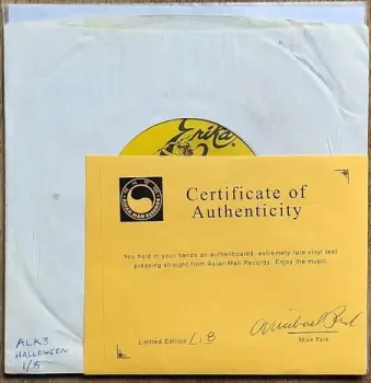 <u>PRESSING INFO</u><br><table class=inf_press><tbody><tr class=inf_info><td class=inf_title>Album:</td><td class=inf_info> Halloween (Test Press) on Black (Erika Records Labels)  </td></tr>
    <td class=inf_title>Pressing:</td><td> First Pressing /8  </td></tr>
    <td class=inf_title>Release Date:</td><td> Oct. 31st 2002  </td></tr>
    <td class=inf_title>Album Pressed:</td><td> 2002  </td></tr>
    <td class=inf_title>Label:</td><td> Asianman Records AM-097  </td></tr>
    <td class=inf_title>Insert:</td><td> none  </td></tr>
    <td class=inf_title>Barcode:</td><td> none  </td></tr>
    <td class=inf_title>Side A Matrix:</td><td> AM 097-A  </td></tr>
    <td class=inf_title>Side B Matrix:</td><td> AM 097-B  </td></tr>
    <td class=inf_title>&nbsp;</td><td> <a href=https://www.discogs.com/release/1494087 target=_blank rel=noopener noreferrer>View This Release on Discogs</a>  </tr></tbody></table>
<br><u>PRICING</u><span class='less' style='padding-left: 8px; color: var(--font-colour_grey);'>(prices shown in USD)</span><br><table class='inf_press'><tbody><tr class='inf_info'>
            <td class='inf_title'>Last Sold:</td>
            <td><span title='Sold for €125.00'>$142.36</span> (Feb 17, 2017)</td>
            </tr><tr class='inf_info'>
            <td class='inf_title'>History:</td>
            <td>
                <span class='price-low' title='€125.00 · Sold on Feb 17, 2017'>Low: <span class='price-value'>$142.36</span></span>
                <span class='price-separator'>|</span>
                <span class='price-avg'>Avg: <span class='price-value'>$142.36</span></span>
                <span class='price-separator'>|</span>
                <span class='price-high' title='€125.00 · Sold on Feb 17, 2017'>High: <span class='price-value'>$142.36</span></span>
            </td>
            </tr></tbody></table><br>    
    <u>NOTES</u><br> Plain white paper sleeve, blank Erika labels. # 1/8.
 - Cover