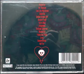 <u>PRESSING INFO</u><br><table class=inf_press><tbody><tr class=inf_info><td class=inf_title>Album:</td><td class=inf_info> From Here To Infirmary (UK Edition) </td></tr>
    <td class=inf_title>Pressing:</td><td> CD </td></tr>
    <td class=inf_title>Release Date:</td><td> Apr. 3rd 2001  </td></tr>
    <td class=inf_title>Label:</td><td> B-Unique Records  </td></tr>
    <td class=inf_title>Catalog Number:</td><td> BUN008 </td></tr>
    <td class=inf_title>Barcode:</td><td> 5 055052 800929 >  </td></tr>
    <td class=inf_title>&nbsp;</td><td> <a href=https://www.discogs.com/release/750316 target=_blank rel=noopener noreferrer>View This Release on Discogs</a> </tr></tbody></table>
    <br><br><u>TRACKLIST</u><br><table class='inf_tracks'><tbody><tr>
            <td class='inf_num'>1</td>
            <td class='inf_trk'>Private Eye</td>
            <td class='inf_len'>3:30</td>
            <td><a href='#' class='lyric-link' data-album-code='fhti' data-song-title='Private Eye'>Lyrics</a></td></tr><tr>
            <td class='inf_num'>2</td>
            <td class='inf_trk'>Mr. Chainsaw</td>
            <td class='inf_len'>3:05</td>
            <td><a href='#' class='lyric-link' data-album-code='fhti' data-song-title='Mr. Chainsaw'>Lyrics</a></td></tr><tr>
            <td class='inf_num'>3</td>
            <td class='inf_trk'>Take Lots With Alcohol</td>
            <td class='inf_len'>3:13</td>
            <td><a href='#' class='lyric-link' data-album-code='fhti' data-song-title='Take Lots With Alcohol'>Lyrics</a></td></tr><tr>
            <td class='inf_num'>4</td>
            <td class='inf_trk'>Stupid Kid</td>
            <td class='inf_len'>2:23</td>
            <td><a href='#' class='lyric-link' data-album-code='fhti' data-song-title='Stupid Kid'>Lyrics</a></td></tr><tr>
            <td class='inf_num'>5</td>
            <td class='inf_trk'>Another Innocent Girl</td>
            <td class='inf_len'>3:37</td>
            <td><a href='#' class='lyric-link' data-album-code='fhti' data-song-title='Another Innocent Girl'>Lyrics</a></td></tr><tr>
            <td class='inf_num'>6</td>
            <td class='inf_trk'>Steamer Trunk</td>
            <td class='inf_len'>2:50</td>
            <td><a href='#' class='lyric-link' data-album-code='fhti' data-song-title='Steamer Trunk'>Lyrics</a></td></tr><tr>
            <td class='inf_num'>7</td>
            <td class='inf_trk'>You’re Dead</td>
            <td class='inf_len'>3:50</td>
            <td><a href='#' class='lyric-link' data-album-code='fhti' data-song-title='You’re Dead'>Lyrics</a></td></tr><tr>
            <td class='inf_num'>8</td>
            <td class='inf_trk'>Armageddon</td>
            <td class='inf_len'>2:49</td>
            <td><a href='#' class='lyric-link' data-album-code='fhti' data-song-title='Armageddon'>Lyrics</a></td></tr><tr>
            <td class='inf_num'>9</td>
            <td class='inf_trk'>I’m Dying Tomorrow</td>
            <td class='inf_len'>2:18</td>
            <td><a href='#' class='lyric-link' data-album-code='fhti' data-song-title='I’m Dying Tomorrow'>Lyrics</a></td></tr><tr>
            <td class='inf_num'>10</td>
            <td class='inf_trk'>Bloodied Up</td>
            <td class='inf_len'>2:51</td>
            <td><a href='#' class='lyric-link' data-album-code='fhti' data-song-title='Bloodied Up'>Lyrics</a></td></tr><tr>
            <td class='inf_num'>11</td>
            <td class='inf_trk'>Trucks And Trains</td>
            <td class='inf_len'>3:16</td>
            <td><a href='#' class='lyric-link' data-album-code='fhti' data-song-title='Trucks And Trains'>Lyrics</a></td></tr><tr>
            <td class='inf_num'>12</td>
            <td class='inf_trk'>Crawl</td>
            <td class='inf_len'>4:25</td>
            <td><a href='#' class='lyric-link' data-album-code='fhti' data-song-title='Crawl'>Lyrics</a></td></tr><tr>
            <td class='inf_num'>13</td>
            <td class='inf_trk'>Standard Break</td>
            <td class='inf_len'>2:34</td>
            <td><a href='#' class='lyric-link' data-album-code='fhti' data-song-title='Standard Break'>Lyrics</a></td></tr><tr>
            <td class='inf_num'>14</td>
            <td class='inf_trk'>Hell Yes</td>
            <td class='inf_len'>3:49</td>
            <td><a href='#' class='lyric-link' data-album-code='fhti' data-song-title='Hell Yes'>Lyrics</a></td></tr></tbody></table><br><br>
    <u>NOTES</u><br> 
 - Back