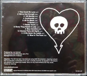 <u>PRESSING INFO</u><br><table class=inf_press><tbody><tr class=inf_info><td class=inf_title>Album:</td><td class=inf_info> Good Mourning (USA Promo Edition) </td></tr>
    <td class=inf_title>Pressing:</td><td> CD </td></tr>
    <td class=inf_title>Release Date:</td><td> May 13th 2003  </td></tr>
    <td class=inf_title>Label:</td><td> Record Label  </td></tr>
    <td class=inf_title>Catalog Number:</td><td> VR-0014-2P </td></tr>
    <td class=inf_title>Barcode:</td><td> none  </td></tr>
    <td class=inf_title>&nbsp;</td><td> <a href=https://www.discogs.com/release/6910031 target=_blank rel=noopener noreferrer>View This Release on Discogs</a> </tr></tbody></table>
    <br><br><u>TRACKLIST</u><br><table class='inf_tracks'><tbody><tr>
            <td class='inf_num'>1</td>
            <td class='inf_trk'>This Could Be Love (For Fire)</td>
            <td class='inf_len'>3:47</td>
            <td><a href='#' class='lyric-link' data-album-code='gm' data-song-title='This Could Be Love (For Fire)'>Lyrics</a></td></tr><tr>
            <td class='inf_num'>2</td>
            <td class='inf_trk'>We’ve Had Enough</td>
            <td class='inf_len'>2:51</td>
            <td><a href='#' class='lyric-link' data-album-code='gm' data-song-title='We’ve Had Enough'>Lyrics</a></td></tr><tr>
            <td class='inf_num'>3</td>
            <td class='inf_trk'>One Hundred Stories</td>
            <td class='inf_len'>3:40</td>
            <td><a href='#' class='lyric-link' data-album-code='gm' data-song-title='One Hundred Stories'>Lyrics</a></td></tr><tr>
            <td class='inf_num'>4</td>
            <td class='inf_trk'>Continental</td>
            <td class='inf_len'>3:28</td>
            <td><a href='#' class='lyric-link' data-album-code='gm' data-song-title='Continental'>Lyrics</a></td></tr><tr>
            <td class='inf_num'>5</td>
            <td class='inf_trk'>All On Black</td>
            <td class='inf_len'>4:00</td>
            <td><a href='#' class='lyric-link' data-album-code='gm' data-song-title='All On Black'>Lyrics</a></td></tr><tr>
            <td class='inf_num'>6</td>
            <td class='inf_trk'>Emma</td>
            <td class='inf_len'>2:42</td>
            <td><a href='#' class='lyric-link' data-album-code='gm' data-song-title='Emma'>Lyrics</a></td></tr><tr>
            <td class='inf_num'>7</td>
            <td class='inf_trk'>Fatally Yours</td>
            <td class='inf_len'>2:16</td>
            <td><a href='#' class='lyric-link' data-album-code='gm' data-song-title='Fatally Yours'>Lyrics</a></td></tr><tr>
            <td class='inf_num'>8</td>
            <td class='inf_trk'>Every Thug Needs A Lady</td>
            <td class='inf_len'>3:18</td>
            <td><a href='#' class='lyric-link' data-album-code='gm' data-song-title='Every Thug Needs A Lady'>Lyrics</a></td></tr><tr>
            <td class='inf_num'>9</td>
            <td class='inf_trk'>Blue Carolina</td>
            <td class='inf_len'>3:28</td>
            <td><a href='#' class='lyric-link' data-album-code='gm' data-song-title='Blue Carolina'>Lyrics</a></td></tr><tr>
            <td class='inf_num'>10</td>
            <td class='inf_trk'>Donner Party (All Night)</td>
            <td class='inf_len'>2:44</td>
            <td><a href='#' class='lyric-link' data-album-code='gm' data-song-title='Donner Party (All Night)'>Lyrics</a></td></tr><tr>
            <td class='inf_num'>11</td>
            <td class='inf_trk'>If We Never Go Inside</td>
            <td class='inf_len'>3:46</td>
            <td><a href='#' class='lyric-link' data-album-code='gm' data-song-title='If We Never Go Inside'>Lyrics</a></td></tr><tr>
            <td class='inf_num'>12</td>
            <td class='inf_trk'>Blue In The Face</td>
            <td class='inf_len'>3:02</td>
            <td><a href='#' class='lyric-link' data-album-code='gm' data-song-title='Blue In The Face'>Lyrics</a></td></tr></tbody></table><br><br>
    <u>NOTES</u><br> 
 - Back