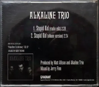 <u>PRESSING INFO</u><br><table class=inf_press><tbody><tr class=inf_info><td class=inf_title>Album:</td><td class=inf_info> Stupid Kid (USA Promo Edition) </td></tr>
    <td class=inf_title>Pressing:</td><td> CD </td></tr>
    <td class=inf_title>Release Date:</td><td> 2001  </td></tr>
    <td class=inf_title>Label:</td><td> Vagrant Records  </td></tr>
    <td class=inf_title>Catalog Number:</td><td> VR353 </td></tr>
    <td class=inf_title>Barcode:</td><td> none  </td></tr>
    <td class=inf_title>&nbsp;</td><td> <a href=https://www.discogs.com/release/25289218 target=_blank rel=noopener noreferrer>View This Release on Discogs</a> </tr></tbody></table>
    <br><br><u>TRACKLIST</u><br><table class='inf_tracks'><tbody><tr>
            <td class='inf_num'>1</td>
            <td class='inf_trk'>Stupid Kid (Radio Edit)</td>
            <td class='inf_len'>?:??</td>
            <td><a href='#' class='lyric-link' data-album-code='eps' data-song-title='Stupid Kid (Radio Edit)'>Lyrics</a></td></tr><tr>
            <td class='inf_num'>2</td>
            <td class='inf_trk'>Stupid Kid (Album Version)</td>
            <td class='inf_len'>?:??</td>
            <td><a href='#' class='lyric-link' data-album-code='eps' data-song-title='Stupid Kid (Album Version)'>Lyrics</a></td></tr></tbody></table><br><br>
    <u>NOTES</u><br> 
 - Back